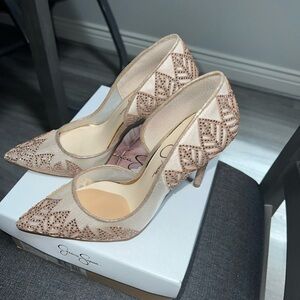 Jessica Simpson High Heel Gold Leaf & mesh sparkly pumps with box
